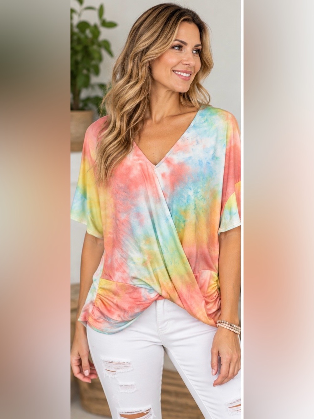 white birch Multicolor Tie-Dye V-Neck Wrap Tee NWOT